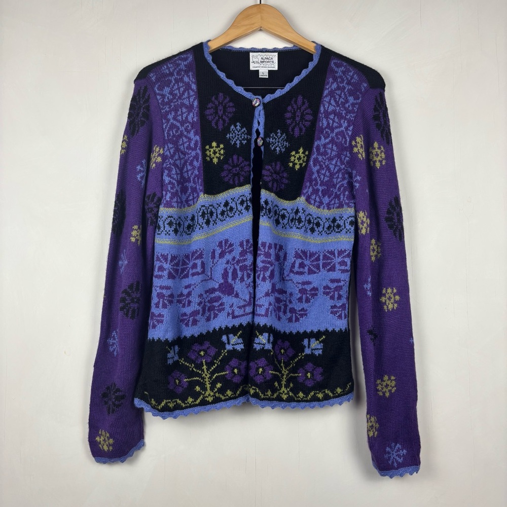 Alpaca Imports Wool Blend Button Front Cardigan L Purple Black Nordic Artsy - Picture 14 of 14
